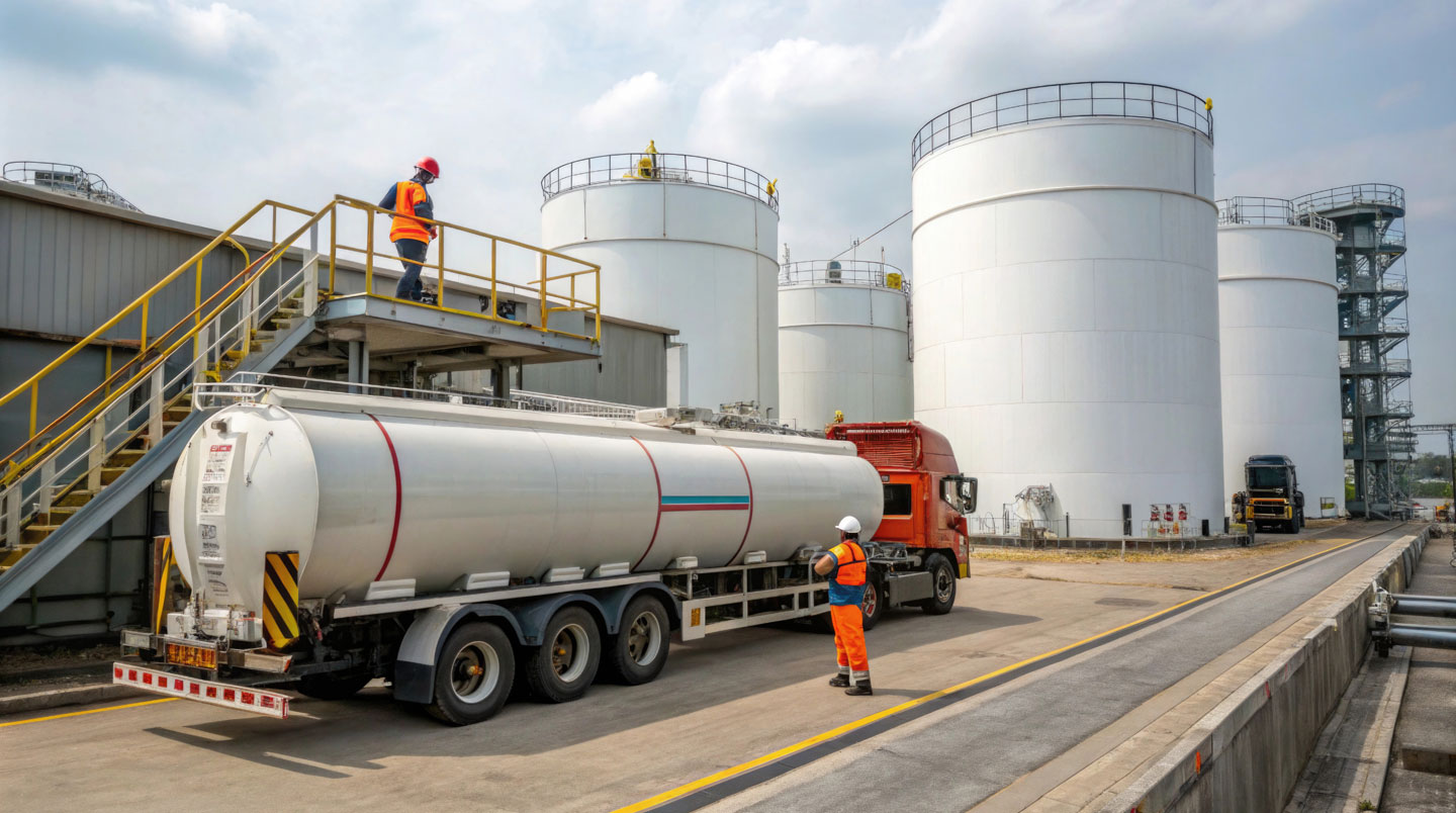 Camion-citerne de livraison de gaz propane dans une exploitation agricole lors d'une livraison matinale