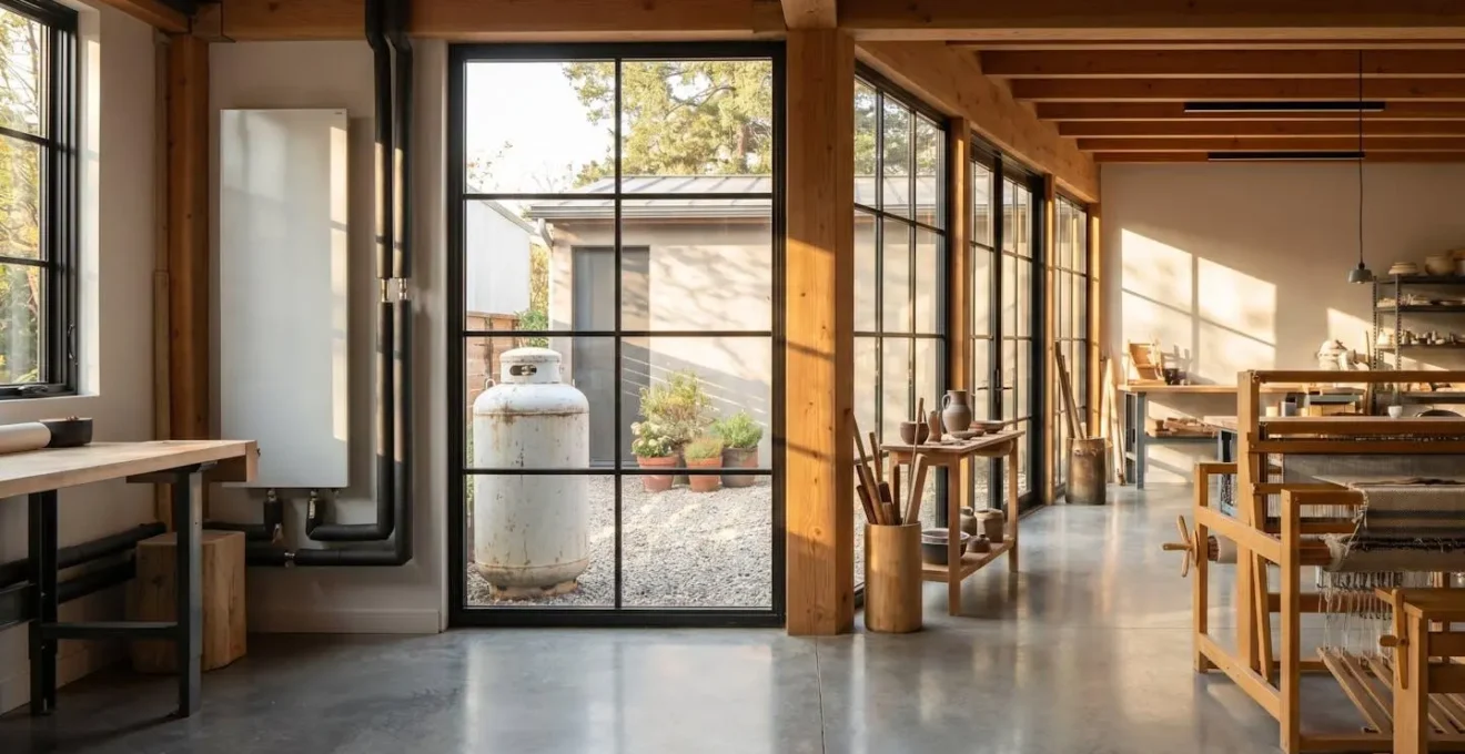Vue d'une installation de chauffage au biopropane dans un atelier artisanal moderne avec citerne extérieure visible