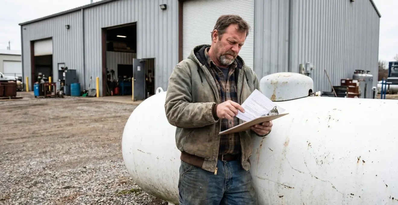 Chef d'entreprise inspectant une citerne à gaz propane dans la cour de son atelier