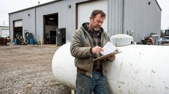 Chef d'entreprise inspectant une citerne à gaz propane dans la cour de son atelier