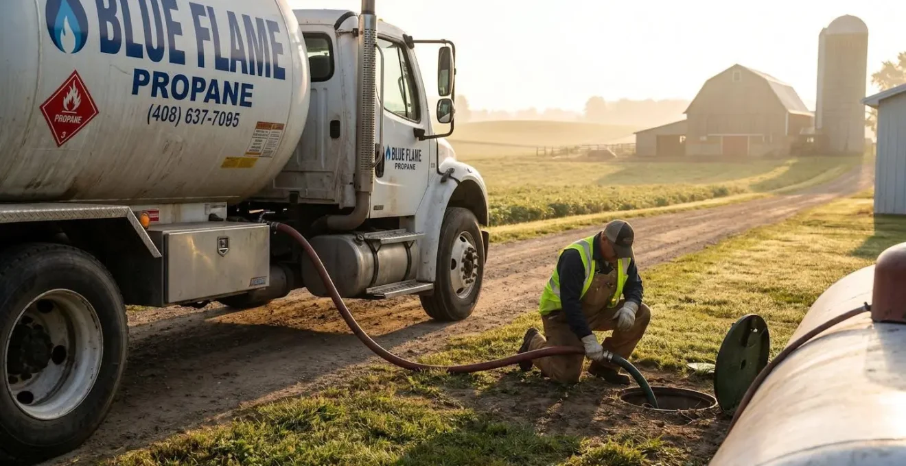 Camion-citerne de livraison de gaz propane dans une exploitation agricole lors d'une livraison matinale