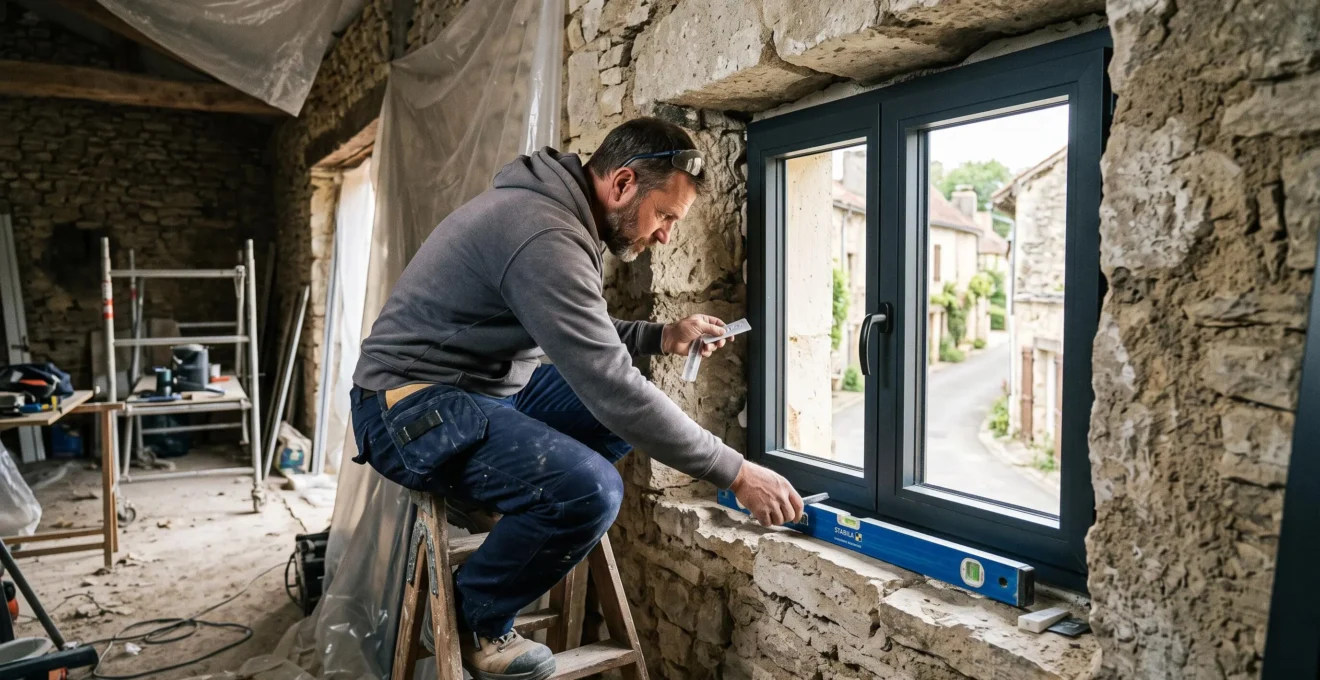 Artisan posant une fenêtre sur mesure dans l'ouverture irrégulière d'un bâti ancien en pierre, châssis ajusté précisément sans retouche maçonnerie