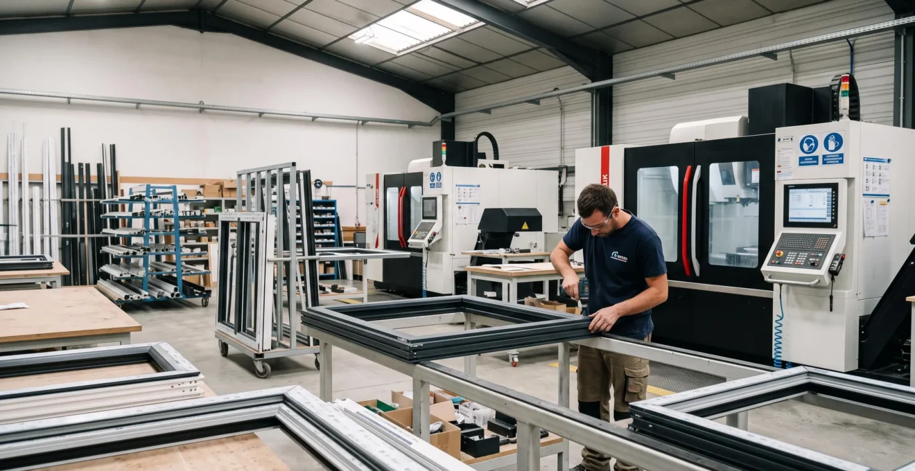 Atelier de fabrication de menuiseries sur mesure avec ouvrier assemblant un châssis de fenêtre sur ligne de production moderne, machines CNC en arrière-plan