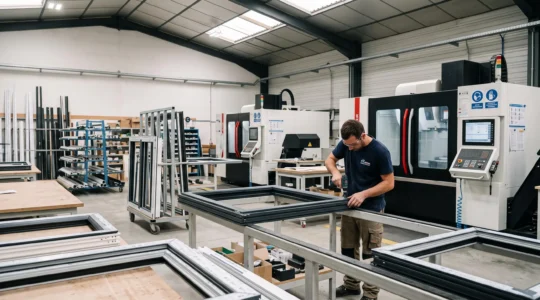 Atelier de fabrication de menuiseries sur mesure avec ouvrier assemblant un châssis de fenêtre sur ligne de production moderne, machines CNC en arrière-plan
