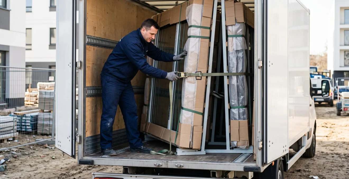 Camion spécialisé transport de menuiseries avec portes ouvertes montrant châssis emballés et calés, manutentionnaire vérifiant sécurisation chargement